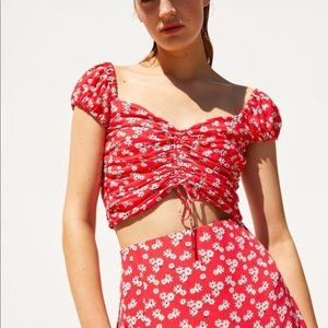 Zara Red Floral Ruched Crop Top